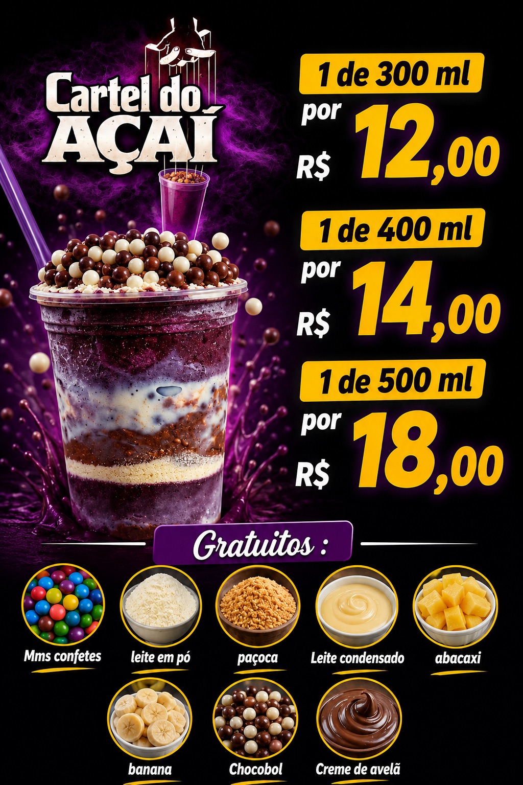 Cardápio Cartel do Açaí com preços e oito acompanhamentos gratuitos