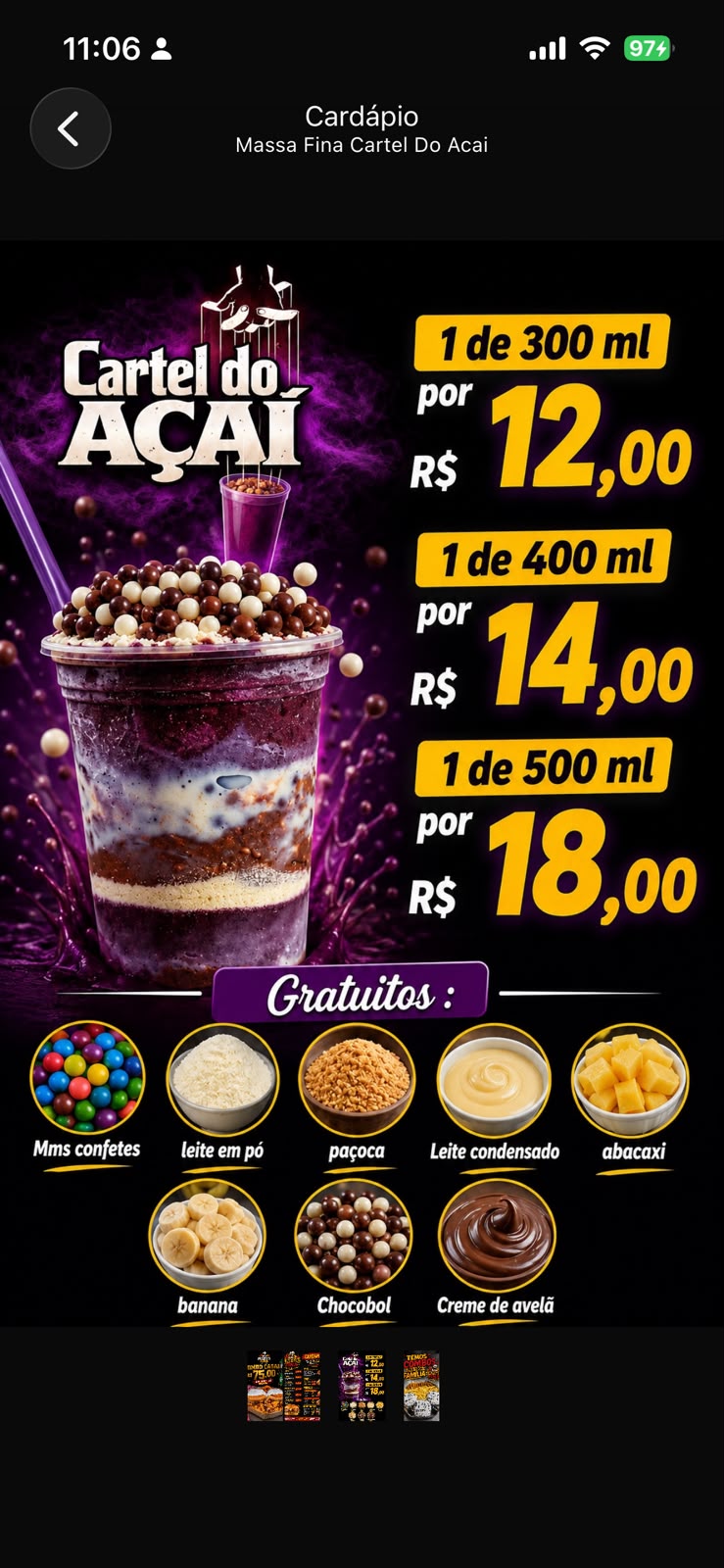 Cardápio Cartel do Açaí com preços e oito acompanhamentos gratuitos