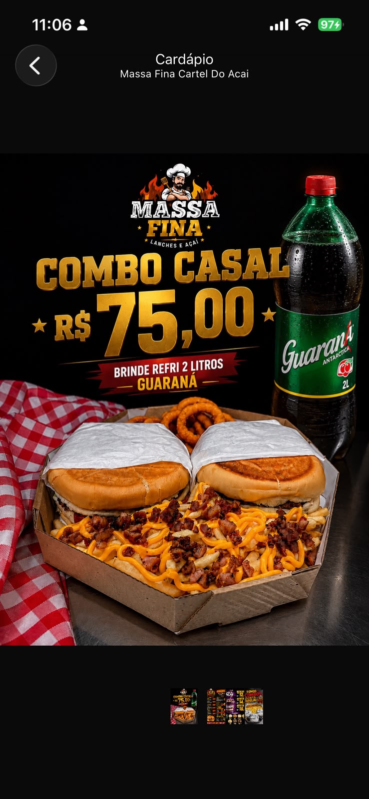Arte do Combo Casal Massa Fina com dois lanches, batatas e Guaraná